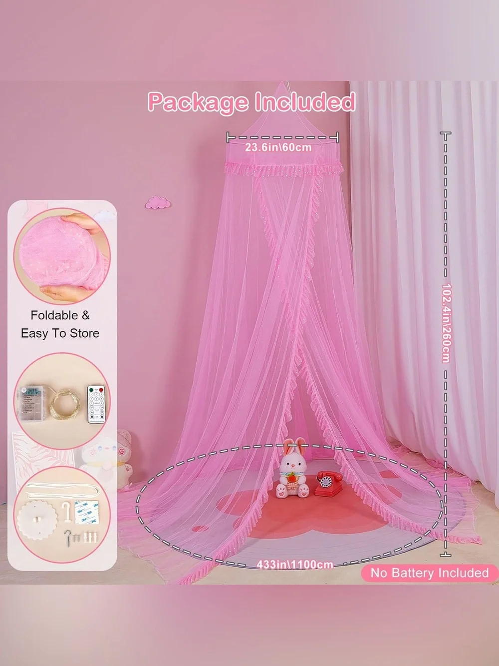 Pink Canopy Bed Net with Multicolor with LED Lights